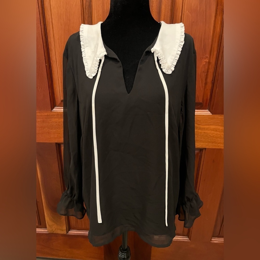Cece Women's Black & White Peter Pan Collar Tie Front Blouse Sz XL Goth Academia